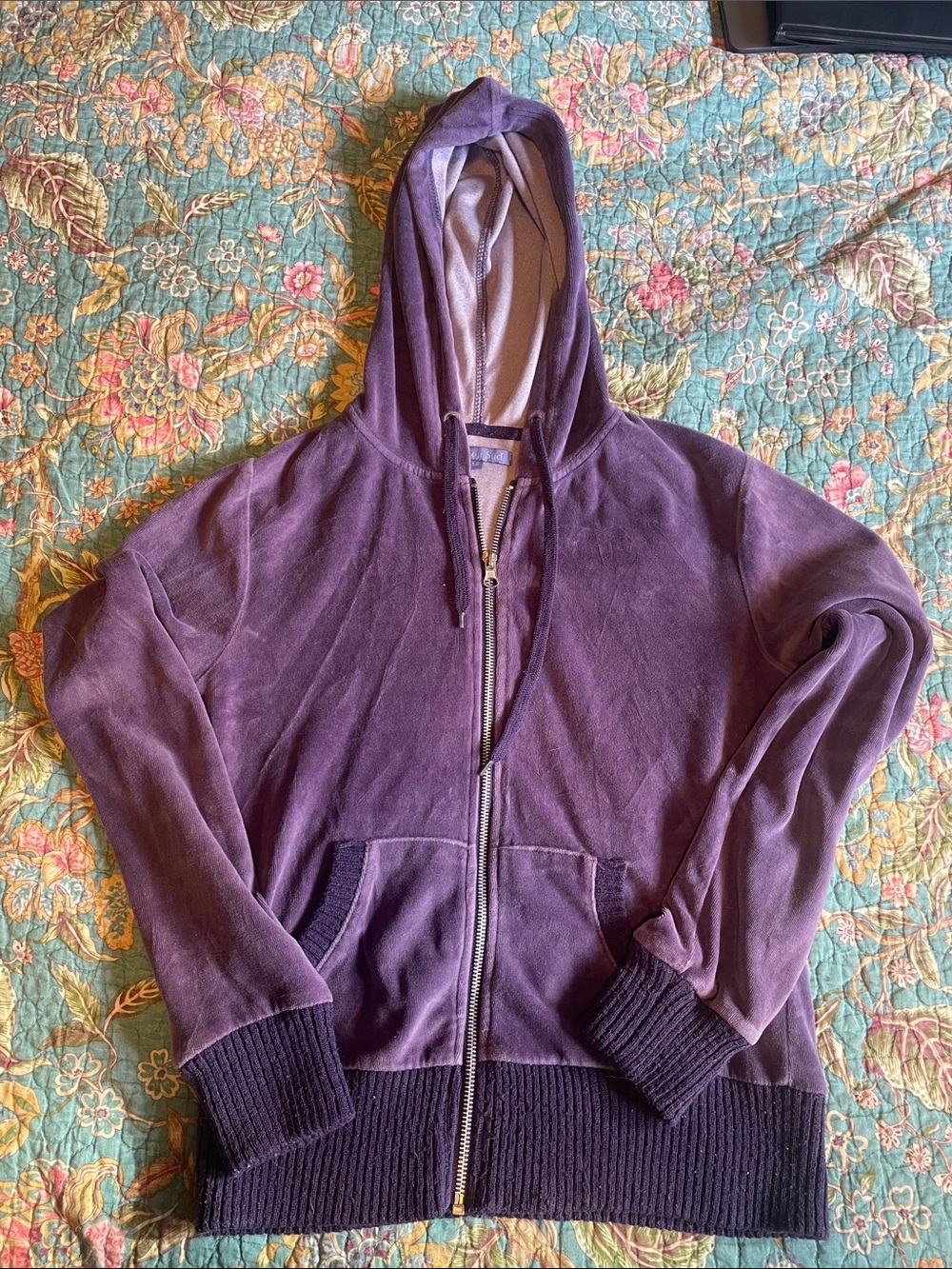 Purple velour zip up with rhinestone heart on back